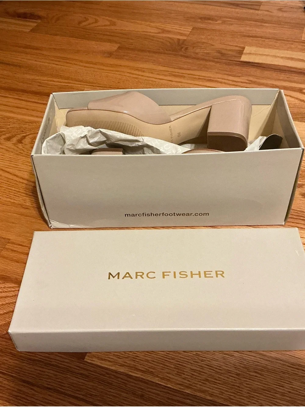 Marc Fisher Nude Patent Block Heel Slide Sandals